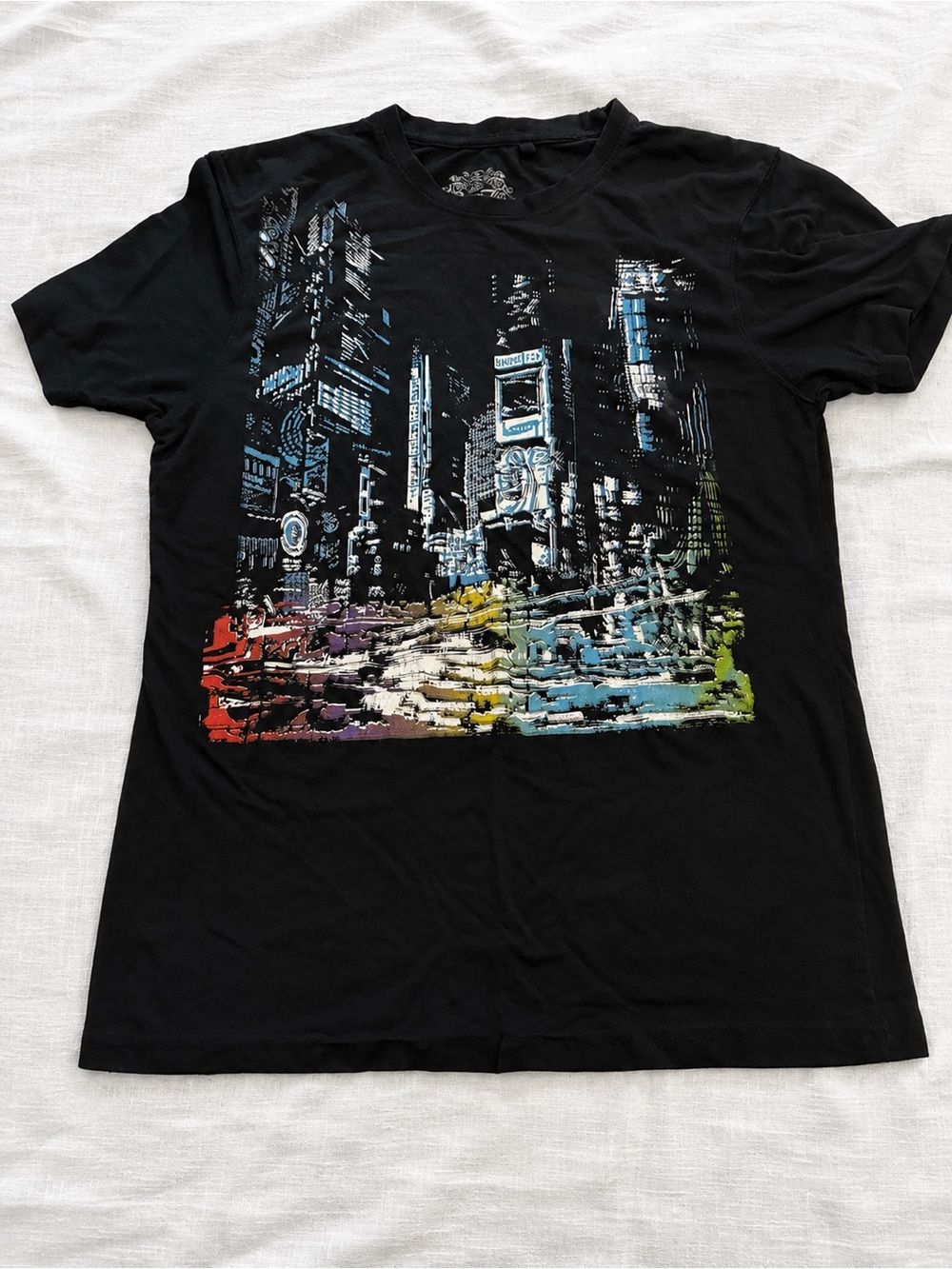 Black Cityscape Graphic Tee with Rainbow Street Accent